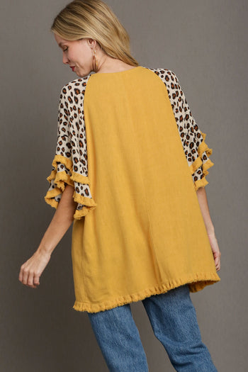 Umgee Top with Animal Print Layered Sleeves in Honey