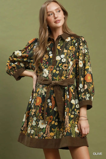 Umgee Floral Print Belted Puff Sleeve Mini Dress in Olive