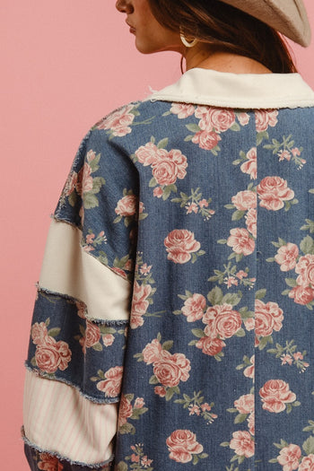 BiBi Floral Print Denim Romper with Contrasting Fabric in Denim **PLEASE REVIEW DESCRIPTION DETAILS ON SIZING**