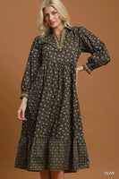Umgee Floral Mix Media Print Midi Dress in Olive