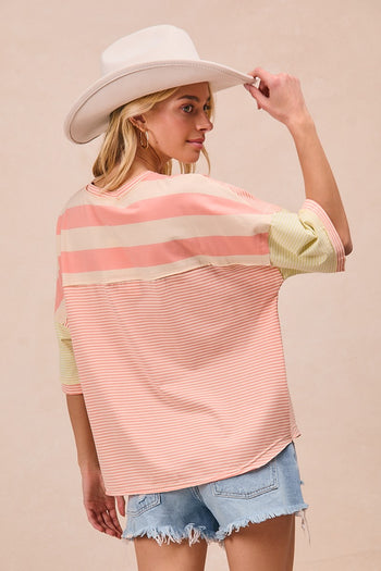 BiBi Contrasting Colored Mix N Match Striped Top in Peach/Rose/Lime