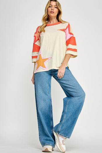 Sage+Fig OVERSIZED Color Block Star Patch Applique Top in Ivory