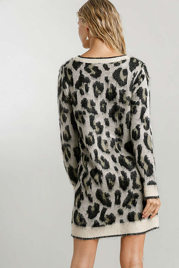 Umgee Animal Print Round Neck and Long Sleeve Dress Sweater in Cream Mix