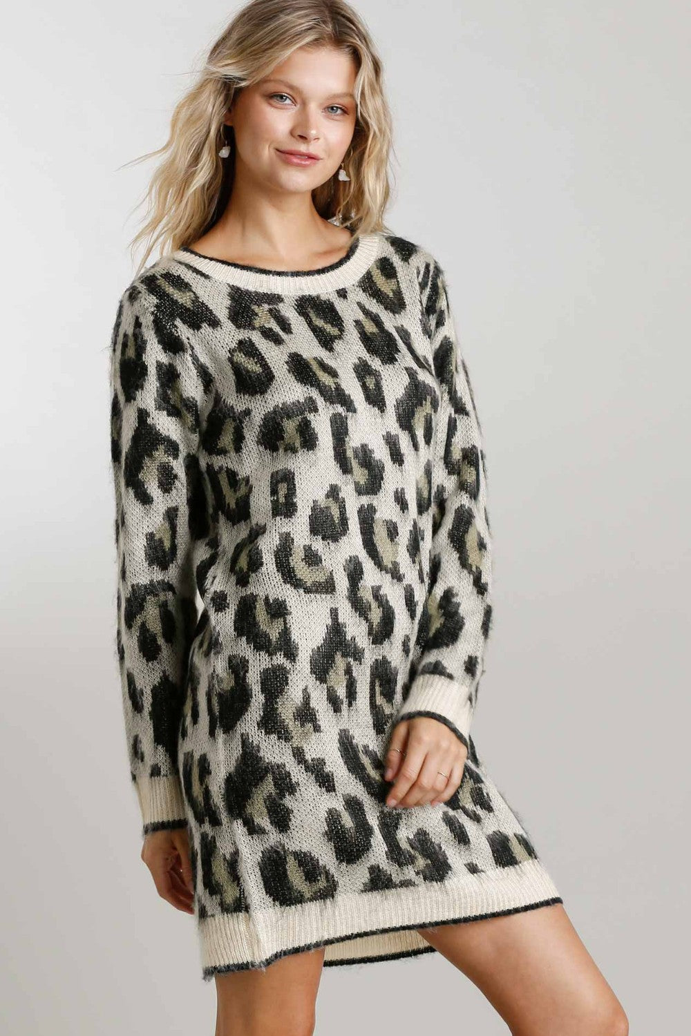 umgee long sleeve dress Umgee Animal Print Round Neck and Long Sleeve Dress Sweater in Cream Mix M