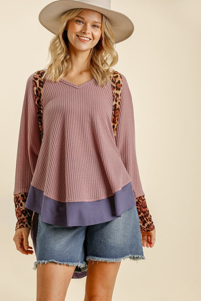 Umgee Waffle Knit Top with Animal Print Trim in Blush