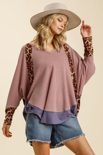 Umgee Waffle Knit Top with Animal Print Trim in Blush
