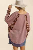 Umgee Waffle Knit Top with Animal Print Trim in Blush