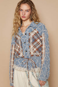 POL Textured Denim Jacket with Plaid and Lace Details in Denim