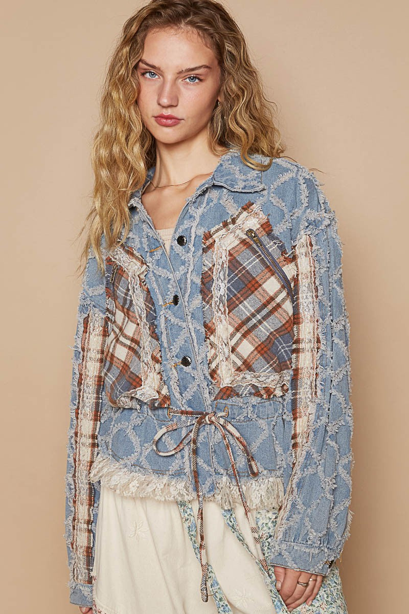 POL Textured Denim Jacket with Plaid and Lace Details in Denim