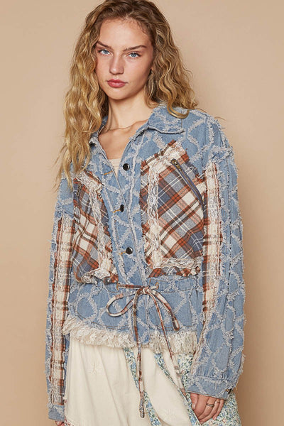 POL Textured Denim Jacket with Plaid and Lace Details in Denim