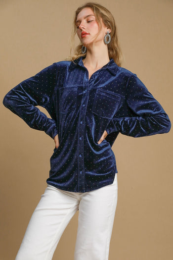 Umgee Beaded Velvet Button Down Top in Midnight