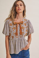 In February French Farm Bubble Sleeves Plaid Embroidered Babydoll Blouse in Dark Cobalt