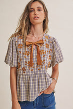 Load image into Gallery viewer, In February French Farm Bubble Sleeves Plaid Embroidered Babydoll Blouse in Dark Cobalt
