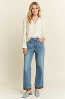 J.nna Hight Waist Floral Print Contrast Denim Jeans in Medium Blue
