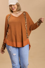Load image into Gallery viewer, Umgee Waffle Knit Top with Animal Print Trim in Gingerbread
