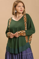 Umgee Waffle Knit Top with Animal Print Trim in Hunter Green
