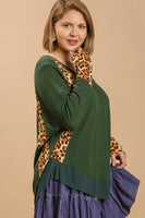 Umgee Waffle Knit Top with Animal Print Trim in Hunter Green