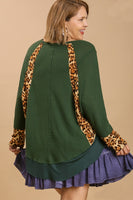 Umgee Waffle Knit Top with Animal Print Trim in Hunter Green
