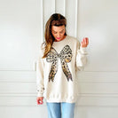 Poppy & Pine Solid Color Sweatshirt with Leopard Graphic Print Bow in Sweet Cream