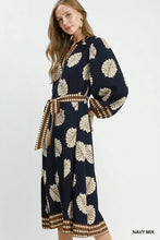 Load image into Gallery viewer, Umgee Mix Leaf Print Belted Midi Dress in Navy Mix
