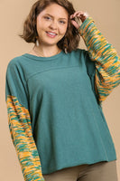 Umgee French Terry and Multicolored Cut & Sew Fabric Pullover in Lagoon