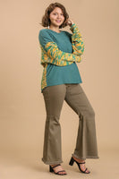 Umgee French Terry and Multicolored Cut & Sew Fabric Pullover in Lagoon