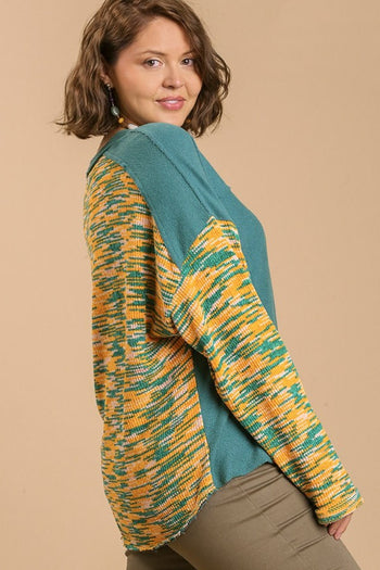 Umgee French Terry and Multicolored Cut & Sew Fabric Pullover in Lagoon