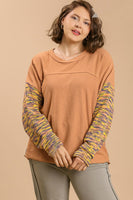 Umgee French Terry and Multicolored Cut & Sew Fabric Pullover in Soft Clay