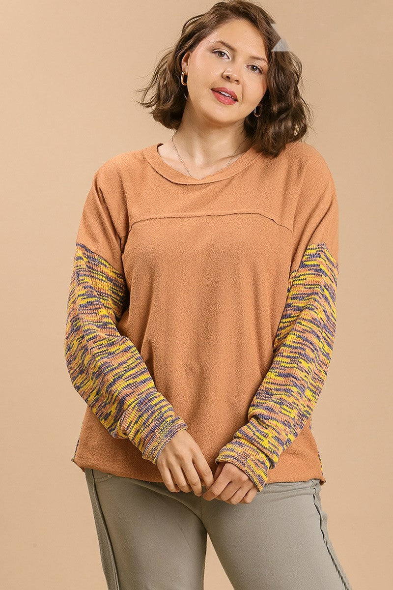 Umgee French Terry and Multicolored Cut & Sew Fabric Pullover in Soft Clay
