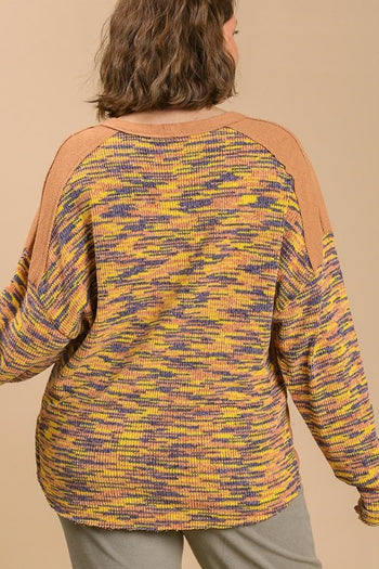 Umgee French Terry and Multicolored Cut & Sew Fabric Pullover in Soft Clay