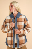 Very J Textured Denim and Contrasting Plaid Shacket in Mocha Mix
