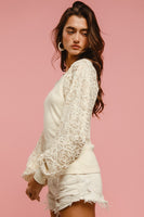 BiBi Solid Color Ribbed Top with Chenille and Sequin Floral Sleeves in Cream