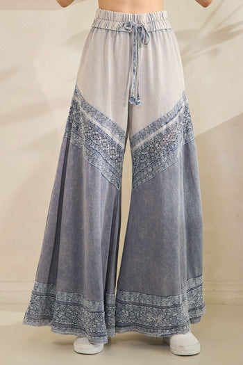 Oli & Hali Mixed Washed Wide Leg Pants with Lace Detail in Blue