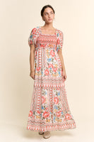 Davi & Dani Boho Floral Print Chiffon Maxi Dress in White Red