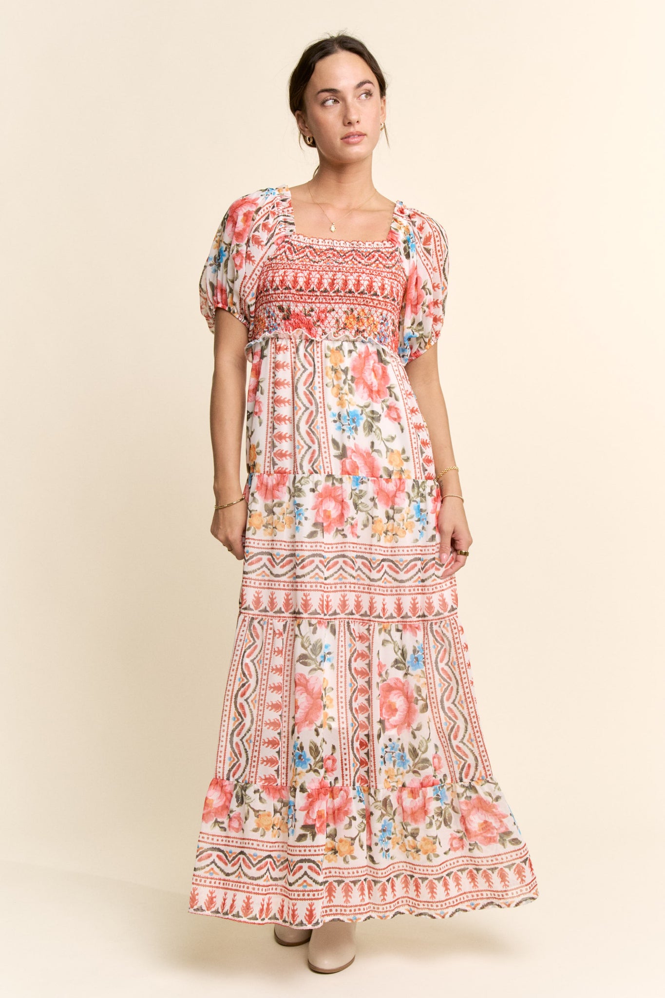red and white floral maxi dress Davi & Dani Boho Floral Print Chiffon Maxi Dress in White Red 1XL