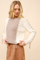 Blue B Color Block Knit Sweater with Lace-Up Details in Taupe