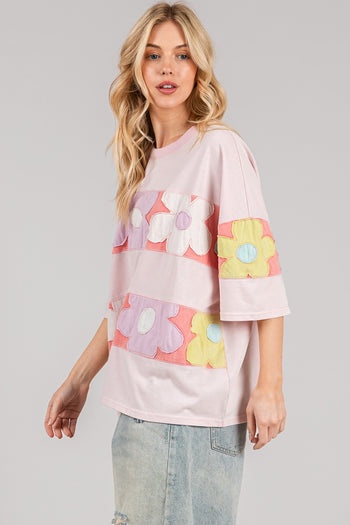Sage+Fig OVERSIZED Pastel Retro Floral Patched Top in Light Pink
