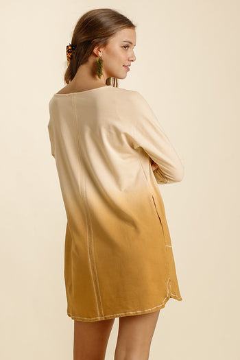 Umgee Dip Dye French Terry Round Neck Button Tab on Sleeves Dress in Taupe Bronze