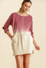 Load image into Gallery viewer, Umgee Dip Dye French Terry Round Neck Button Tab on Sleeves Dress in Berry Natural
