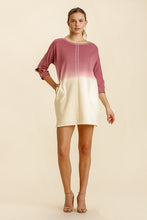 Load image into Gallery viewer, Umgee Dip Dye French Terry Round Neck Button Tab on Sleeves Dress in Berry Natural

