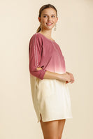 Umgee Dip Dye French Terry Round Neck Button Tab on Sleeves Dress in Berry Natural