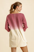 Umgee Dip Dye French Terry Round Neck Button Tab on Sleeves Dress in Berry Natural