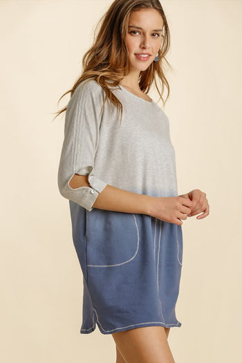 Umgee Dip Dye French Terry Round Neck Button Tab on Sleeves Dress in Heather Grey Denim