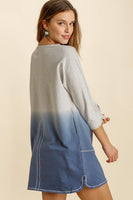 Umgee Dip Dye French Terry Round Neck Button Tab on Sleeves Dress in Heather Grey Denim