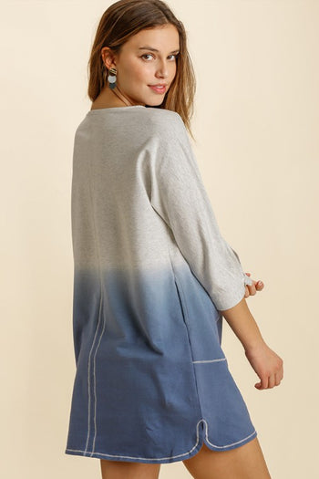 Umgee Dip Dye French Terry Round Neck Button Tab on Sleeves Dress in Heather Grey Denim