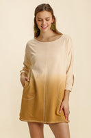 Umgee Dip Dye French Terry Round Neck Button Tab on Sleeves Dress in Taupe Bronze
