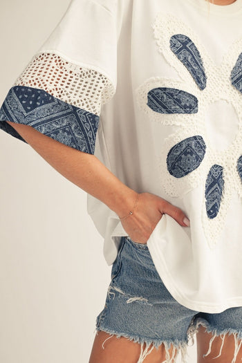 Jodifl Flower Patch Detail Mixed Fabric Top in White ON ORDER