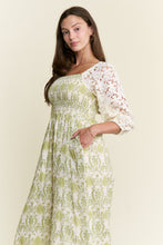 Load image into Gallery viewer, J.nna Lace Sleeve Smocked Bodice Jumpsuit in Green
