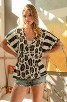 BiBi Mix N Match Stripe and Leopard Print Hooded Top in Off White/Black