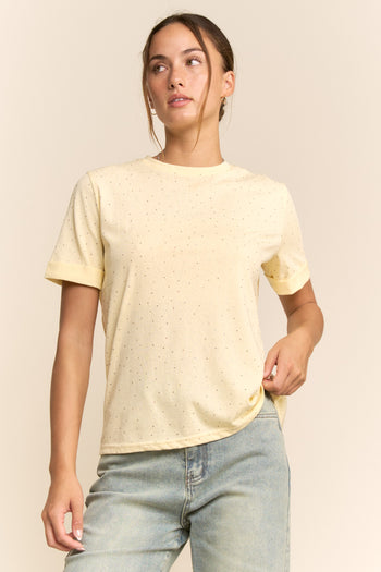 Davi & Dani Rhinestone Embellished Relaxed Crew Neck Tee in Butter Yellow